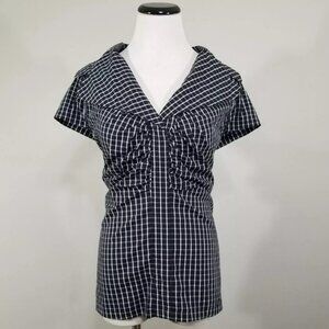 New Alfani Black White Mini Plaid Top 14 Women Portrait Collar Cap Sleeve Blouse